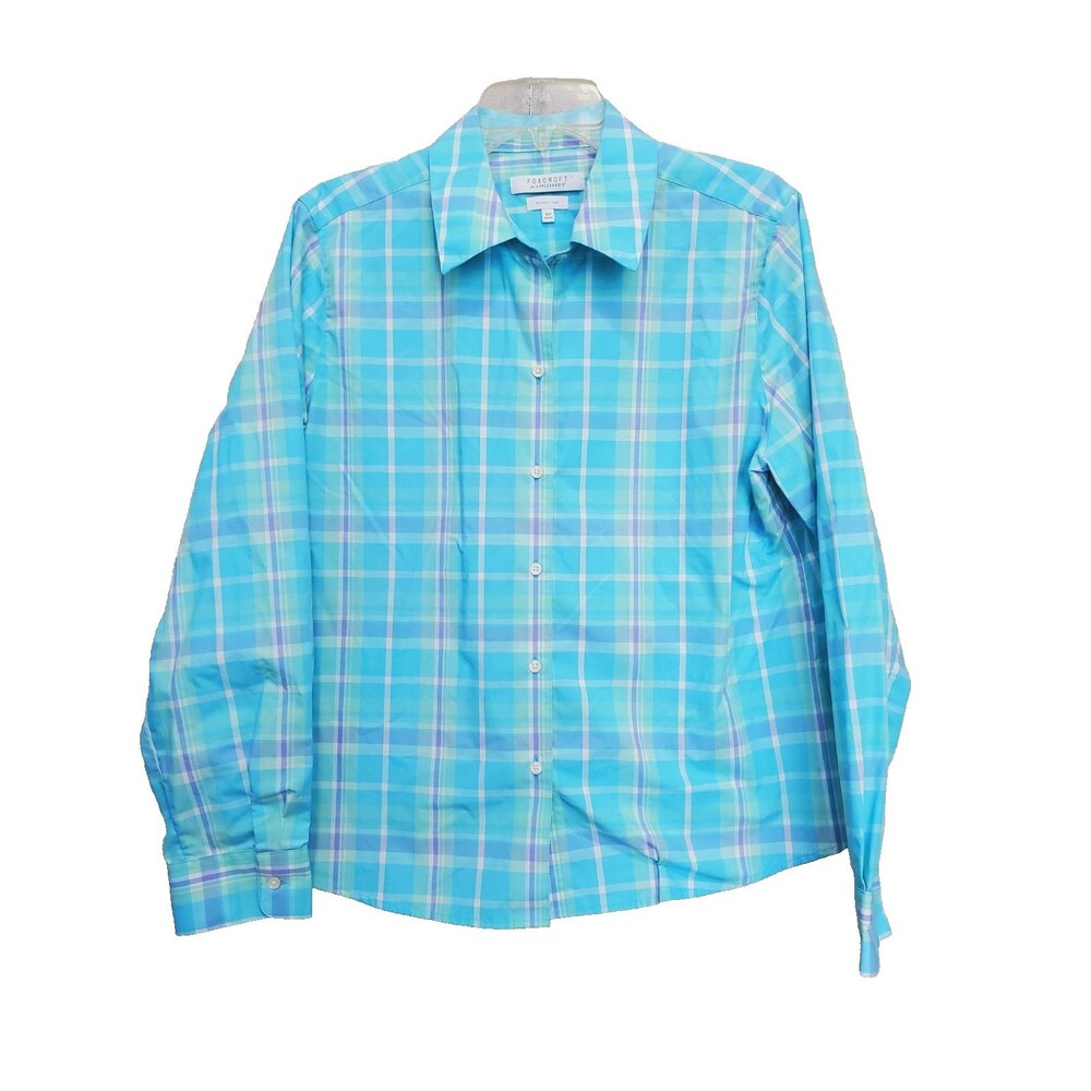 Foxcroft for Appleseed's Wrinkle Free Shaped Fit Blue Plaid Button-Up Shirt 16P